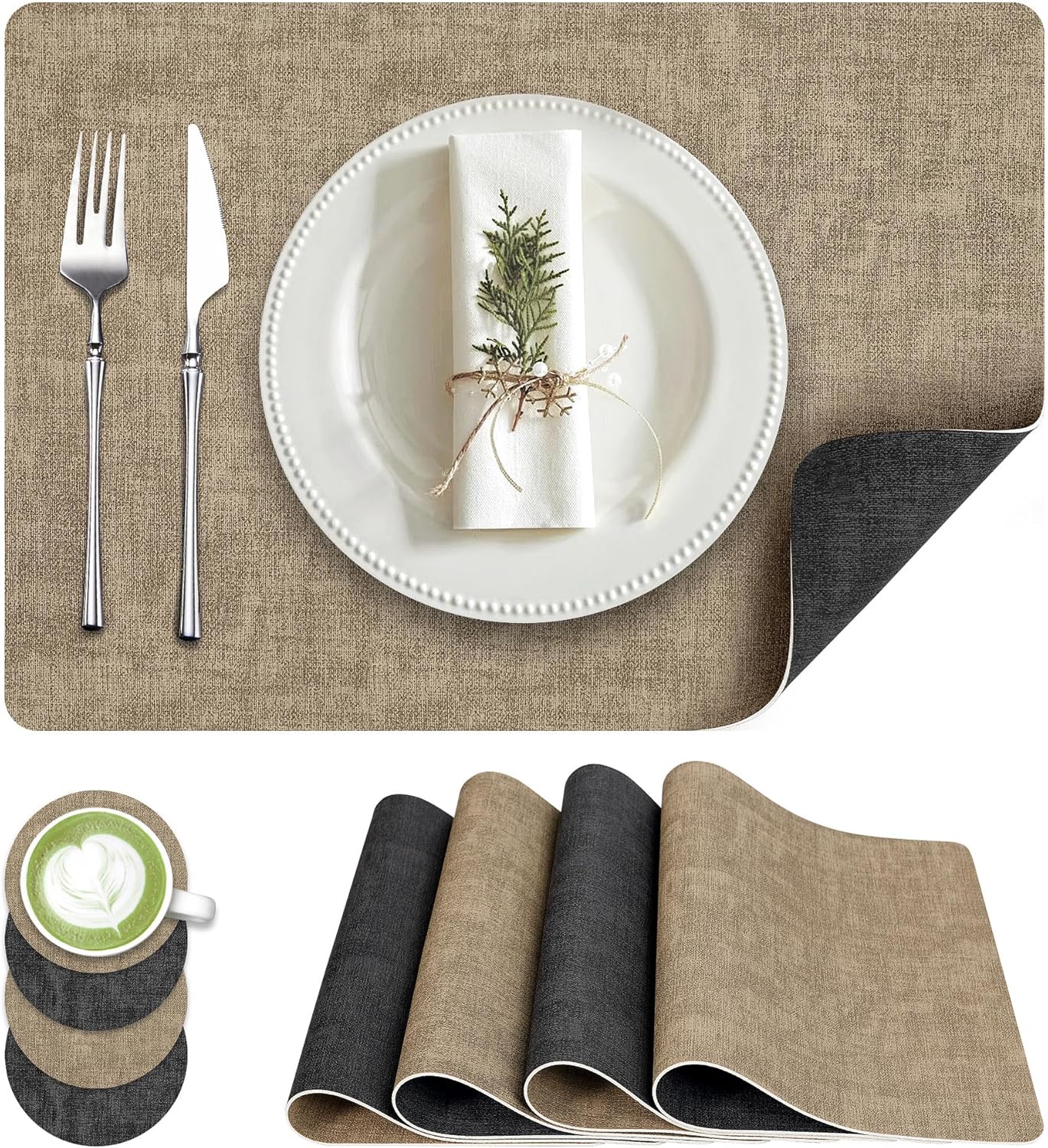 Faux Leather Dual Sided Placemats Set of 4, Square Non-Slip Heat Resistant Placemats with Coaster
