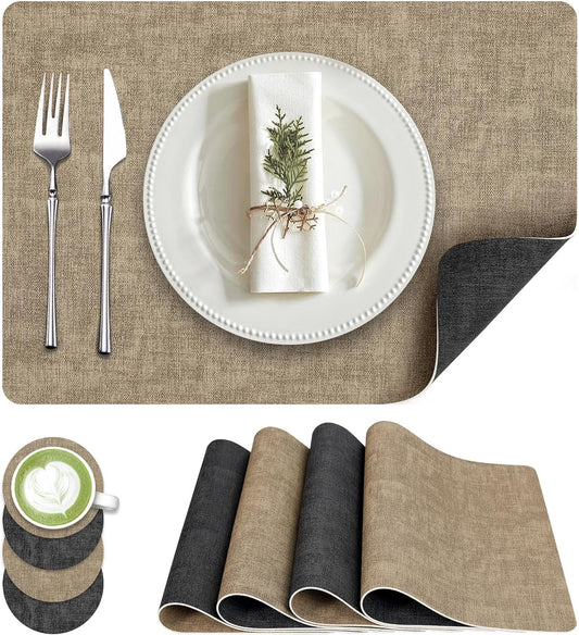 Faux Leather Dual Sided Placemats Set of 4, Square Non-Slip Heat Resistant Placemats with Coaster