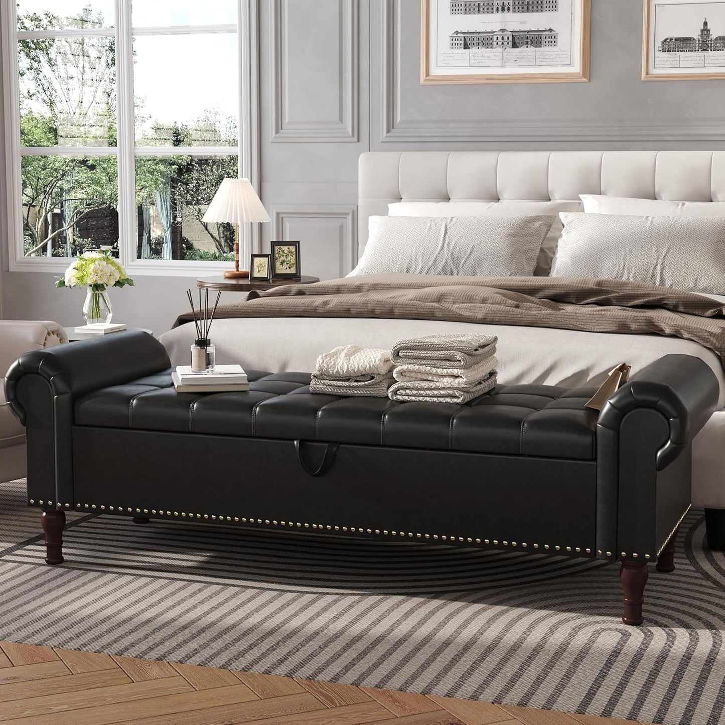 Apicizon 60”Storage Benches, Queen Size Faux Leather Bed Bench with Tufted Button, Upholstered