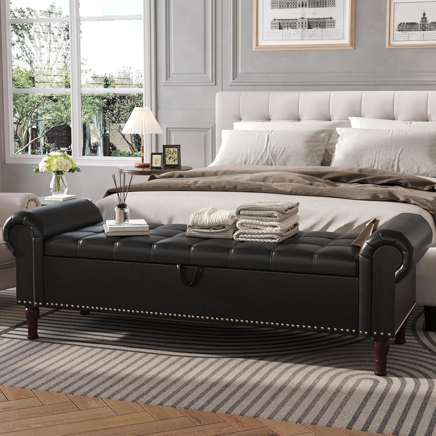 Apicizon 60”Storage Benches, Queen Size Faux Leather Bed Bench with Tufted Button, Upholstered
