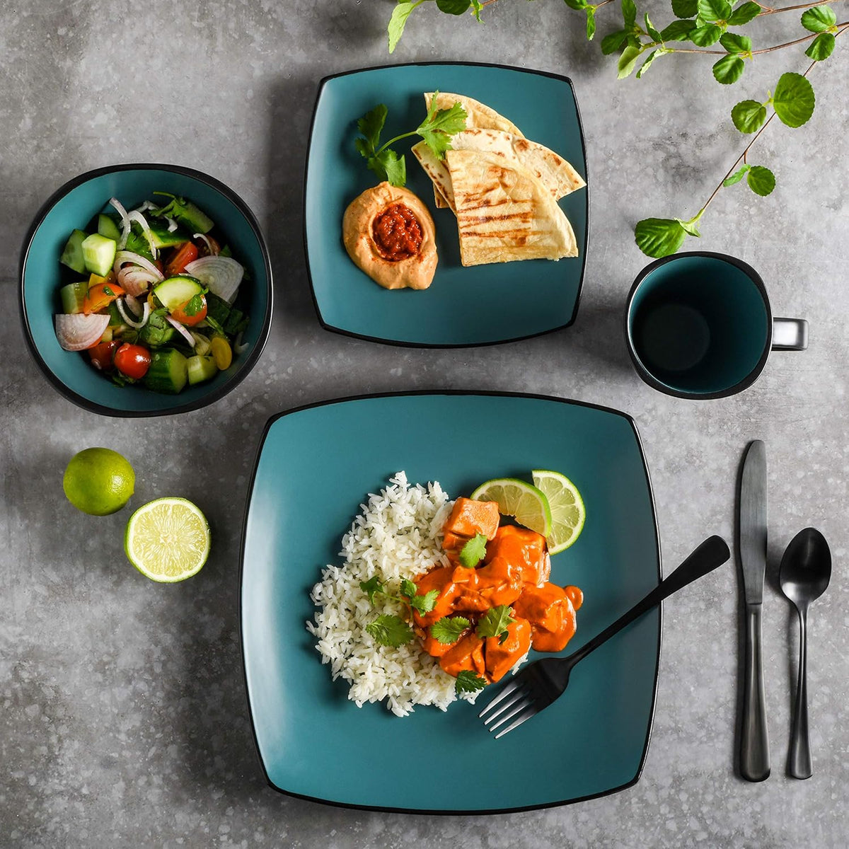 Gibson Elite Soho Lounge Square Reactive Glaze Stoneware Dinnerware Set, Service for 4 (16pc)