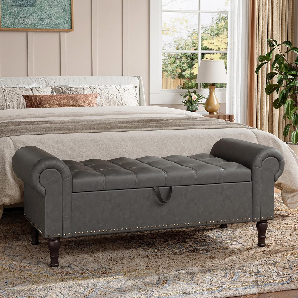 Storage Bench for Bedroom, 51" Full Queen Storage Bench, Upholstered Bedroom Bench with Rolled Arms