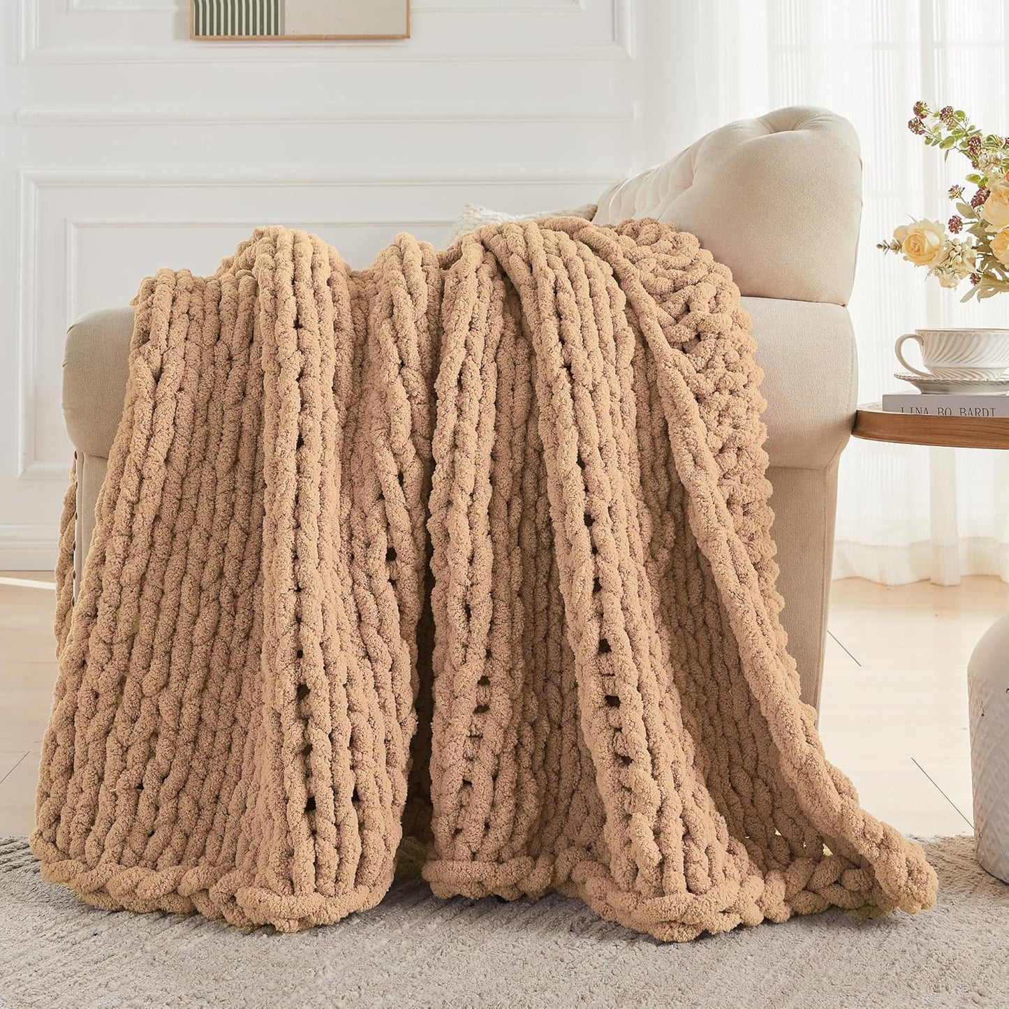 Carriediosa Chunky Knit Throw Blanket 60" X 80" Twin, 100% Hand Made Large Chenille Loop Yarn Soft