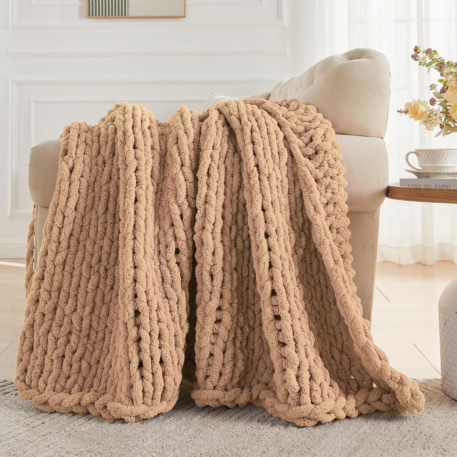 Carriediosa Chunky Knit Throw Blanket 60" X 80" Twin, 100% Hand Made Large Chenille Loop Yarn Soft