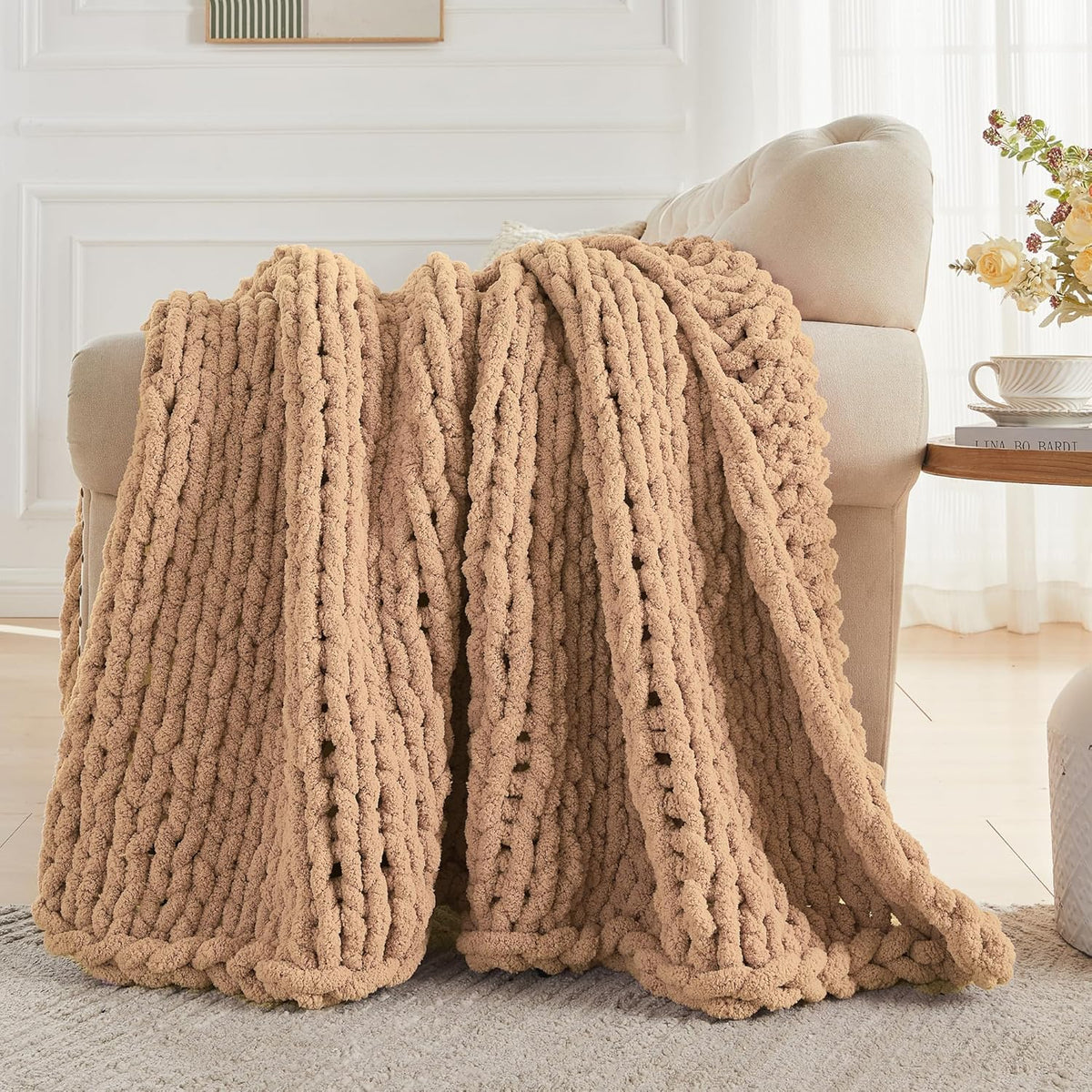 Carriediosa Chunky Knit Throw Blanket 50" X 60", 100% Hand Made Large Chenille Loop Yarn Soft