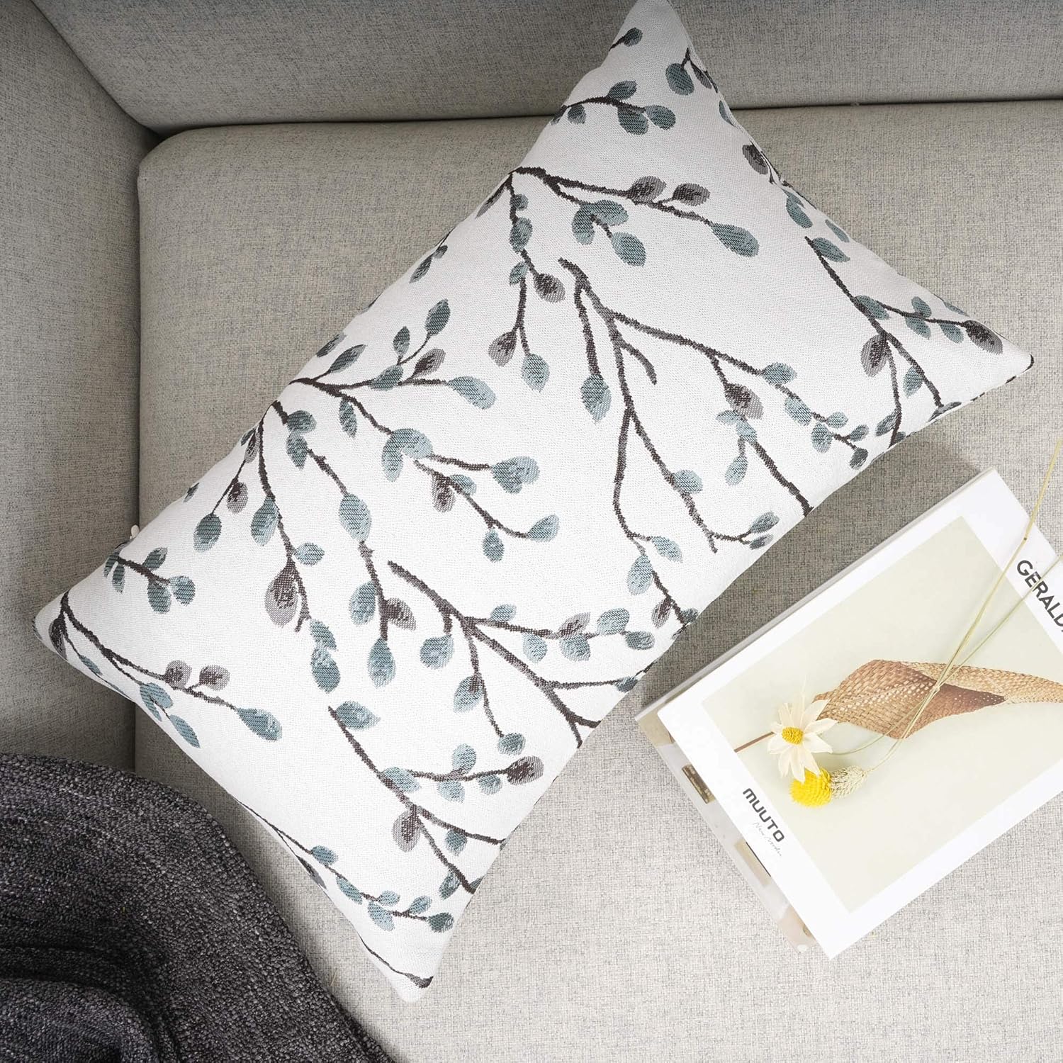 YOUR SMILE Classical Embroidery Jacquard Farmhouse Oblong Rectangle Chenille Teal Leaf Decorative
