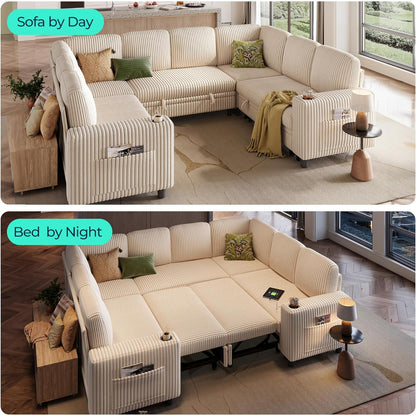 LINSY HOME Sectional Sleeper Sofa with Pull Out Couch Bed - Convertible Plush Corduroy Cloud Couch