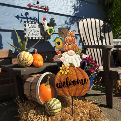 TERESA'S COLLECTIONS Fall Gnome Pumpkin Decorations for Outdoor Home, Metal Fall Decor Welcome