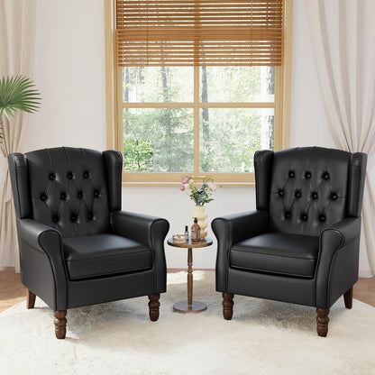 High Back Accent Chairs Set of 2,Upholstered Faux Leather Wingback Armchairs with Solid Wood Legs