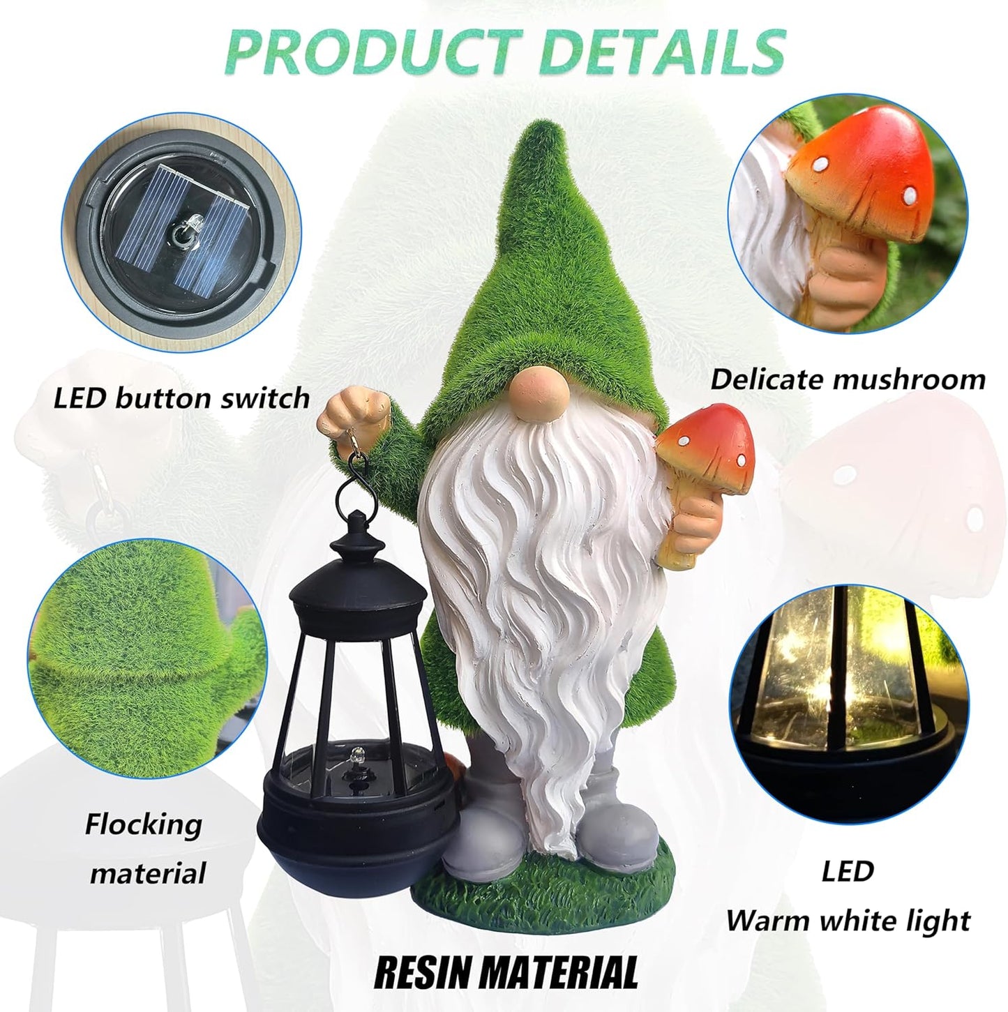 Solar Gnomes Garden Statues,Resin Gnome Figurine Holding Mushroom and Solar Lights Lantern,Outdoor
