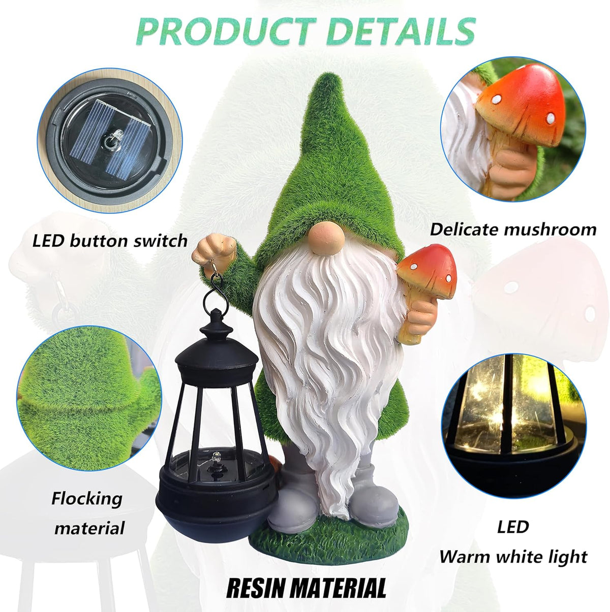 Solar Gnomes Garden Statues,Resin Gnome Figurine Holding Mushroom and Solar Lights Lantern,Outdoor