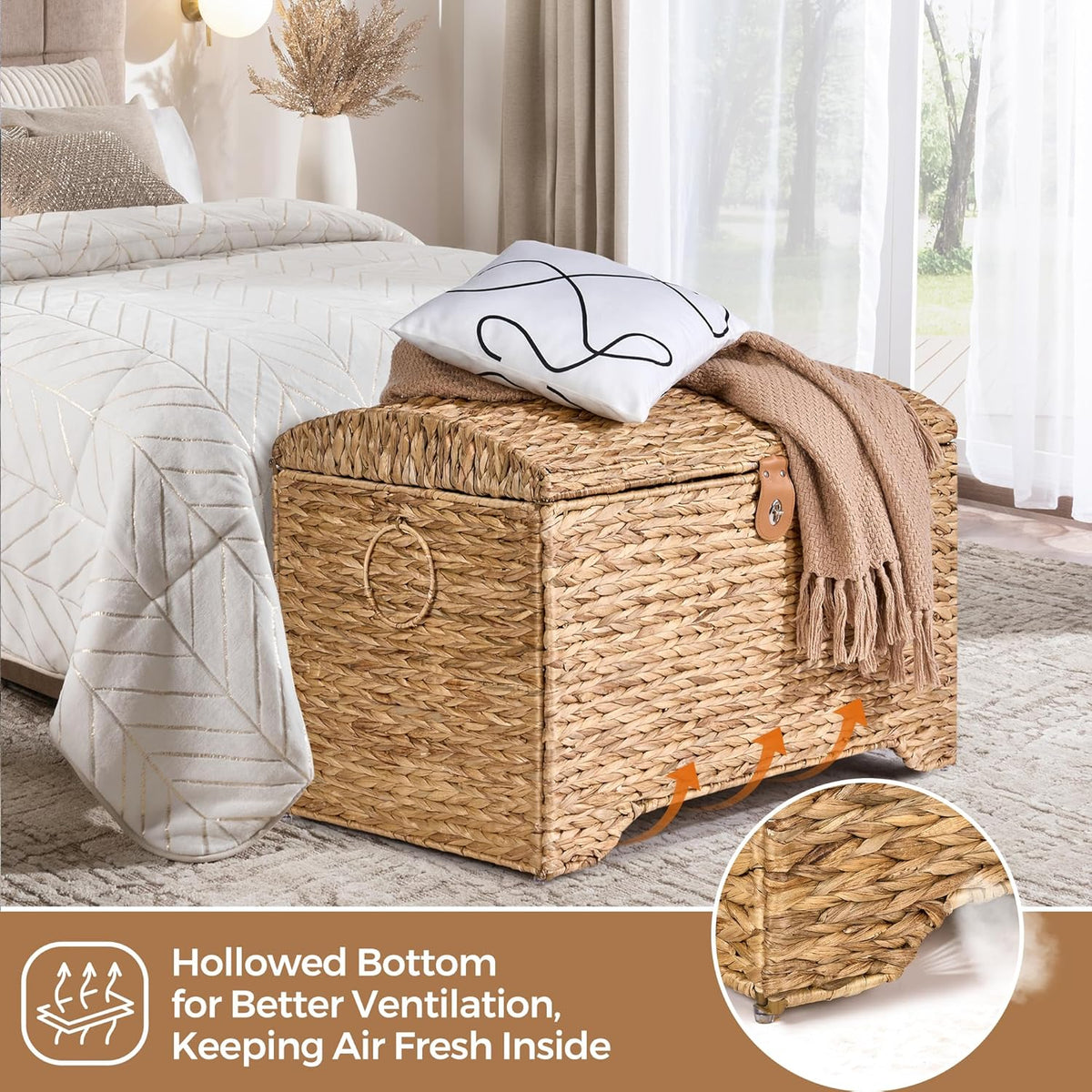 Handwoven Storage Basket with Lid, 178L Wicker Storage Bin, Natural Water Hyacinth, Leather Buckle