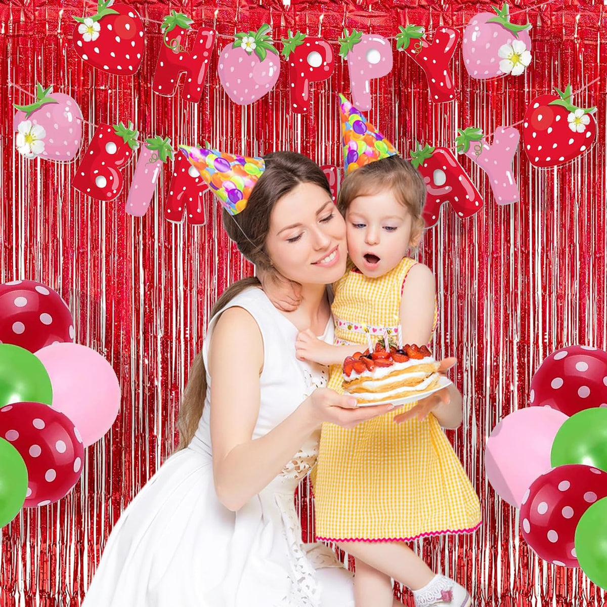 BRAVESHINE Red Tinsel Foil Fringe Curtains - 2Pcs 3.2x8.2ft Holidays Photo Booth Backdrop for