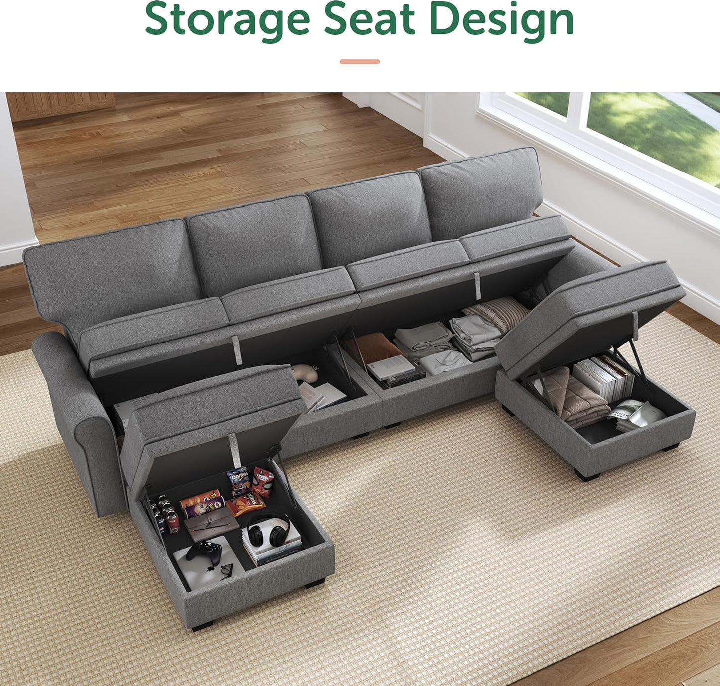 HONBAY Convertible Sectional Sofa with Storage U Shaped Sectional Couch with Reversible Chaise