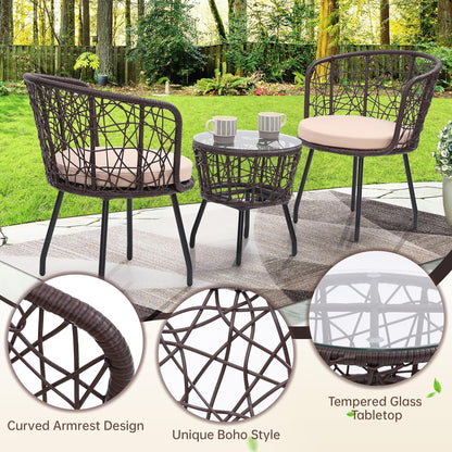 Kromax 3 Piece Bistro Set, Modern Outdoor Wicker Patio Furniture with Tempered Glass Table Top and