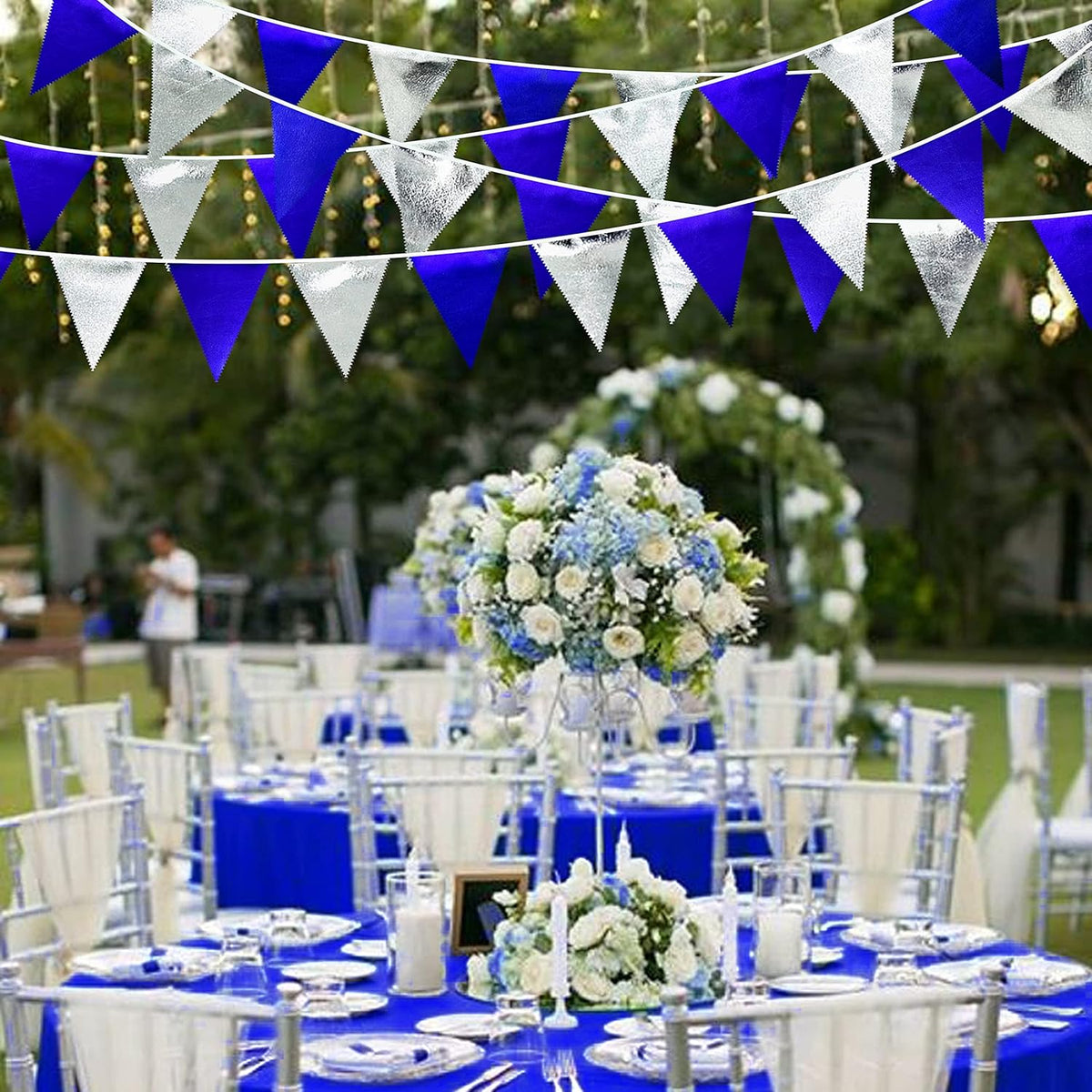 Royal Blue Silver Party Decorations Navy Blue Triangle Pennant Banner Flag Metallic Fabric Bunting