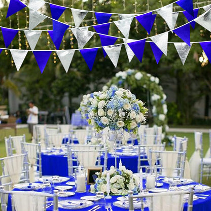 Royal Blue Silver Party Decorations Navy Blue Triangle Pennant Banner Flag Metallic Fabric Bunting