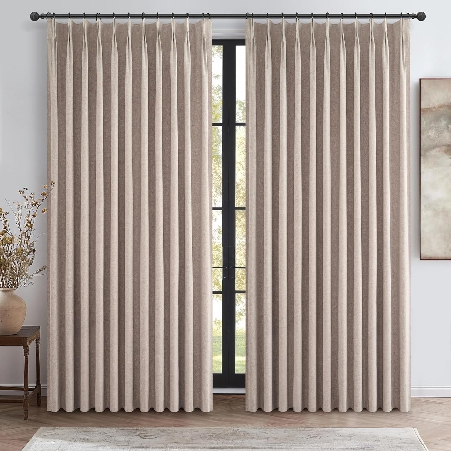 Pinch Pleated Flax Linen Blackout Extra Wide Curtain Panels for Living Room/Sliding Glass Door