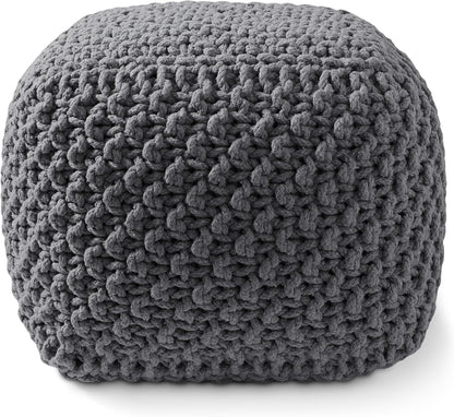 Casafield Square Pouf Ottoman, Dark Gray 18.5" W x 18.5" D x 14.5" H Cotton Knit Foot Stool - Boho