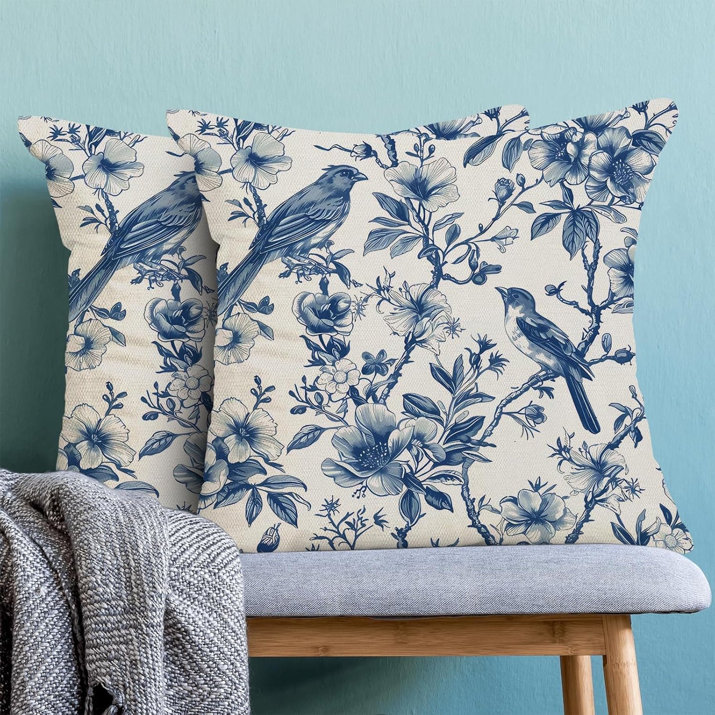 Navy Blue Spring Floral Pillow Covers 18 x 18 Inch Set of 2 for Chinoiserie Vintage Flowers Bird
