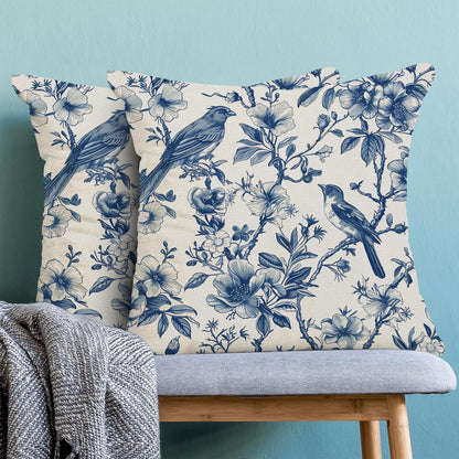Navy Blue Spring Floral Pillow Covers 18 x 18 Inch Set of 2 for Chinoiserie Vintage Flowers Bird