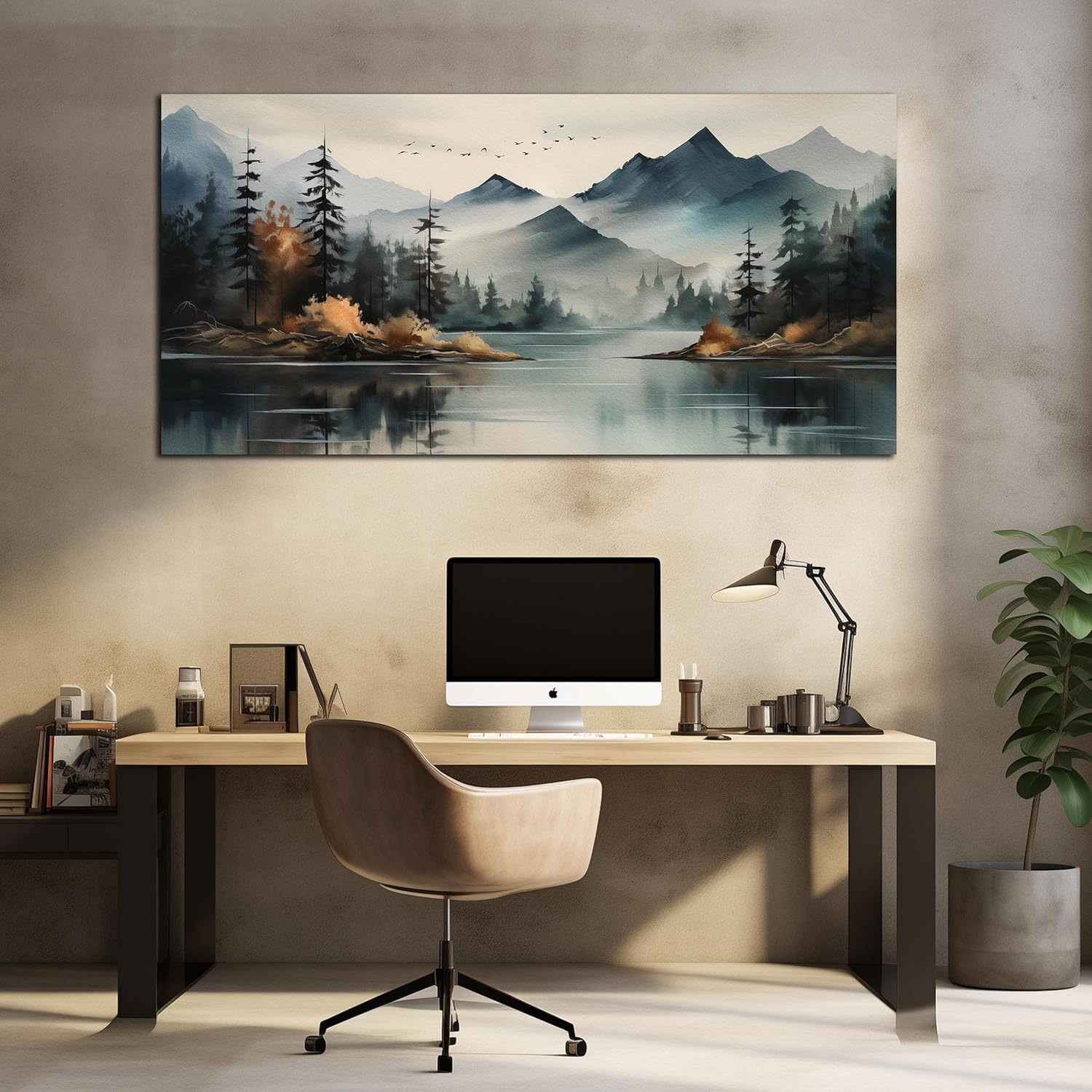 Rustic Wall Art for Living Room Large Size Teal Mountain Tree Landscape Canvas Wall Art for Bedroom