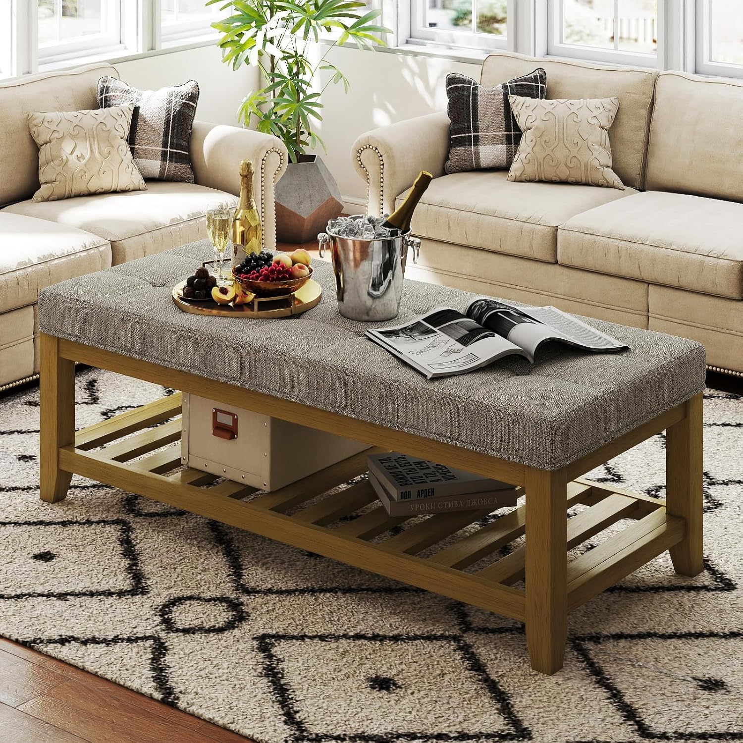 Large Rectangular Upholstered Ottoman Bench, Linen Tufted Footrest Ottoman with Solid Wood Shelf
