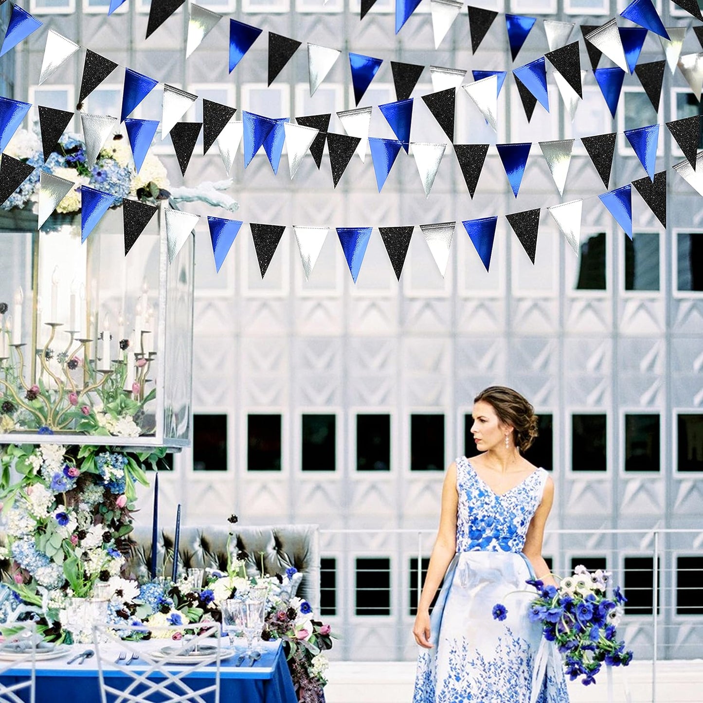 30Ft Navy Blue Black and Silver Party Decorations Royal Blue Triangle Flag Pennant Banner Bunting
