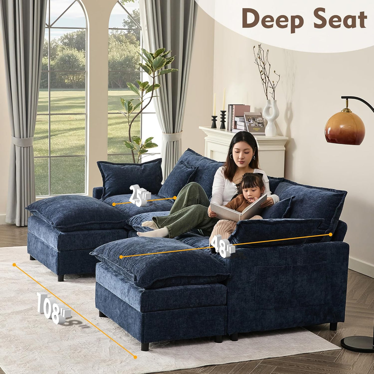 108" U Shaped Couch, Modular Sectional Sofa, 3-Seater Comfy Cloud Couch with Movable Ottoman, Deep