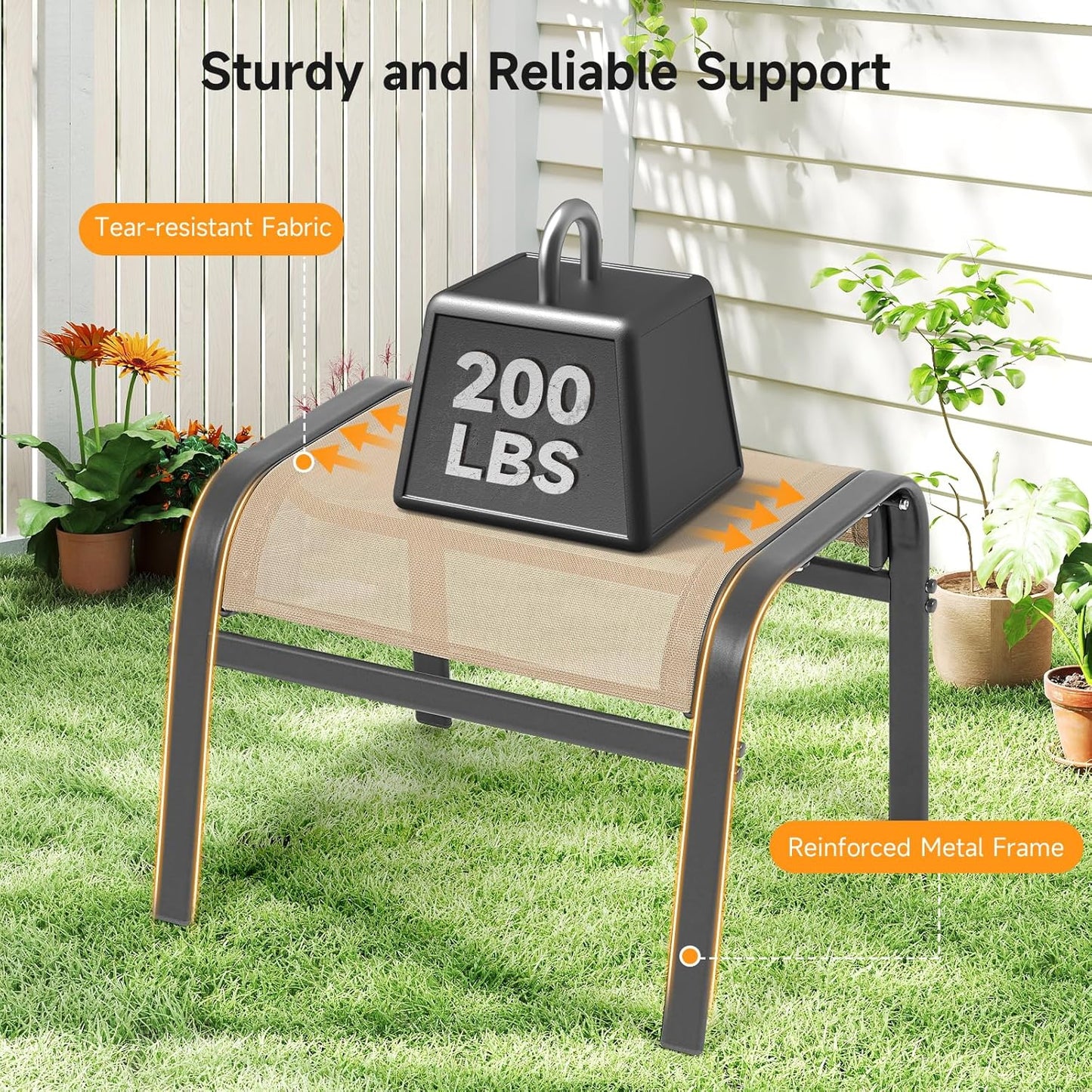 Outdoor Ottoman Set of 2, All Weather Outdoor Foot Stool with Supportive Textliene and Metal Frame