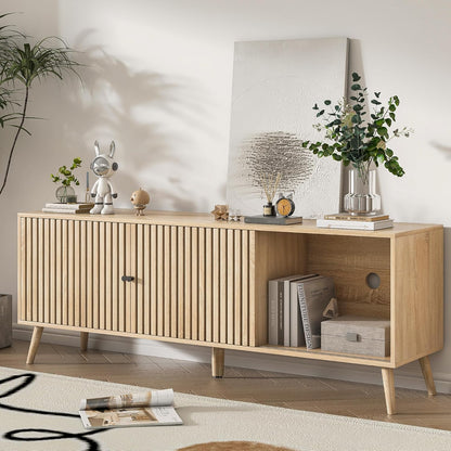 Mid Century Modern TV Stand for Televisions up to 70 Inches, with Sliding Doors and Storage