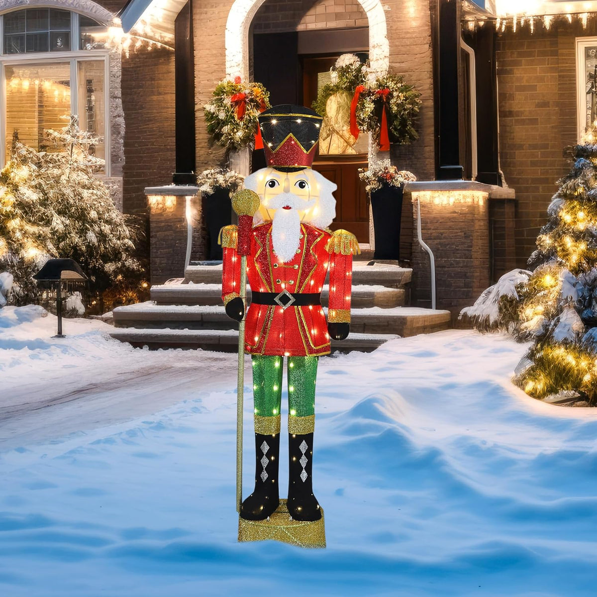 5.9FT Lighted Nutcracker with Mace for Christmas Decoration, 3D Pre-Lit Iridescent Soldier Xmas