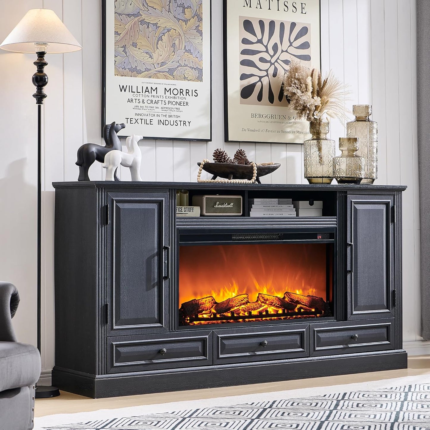Fireplace TV Stand for 80 Inch TV, 35.7" Tall Farmhouse Entertainment Center W/36'' Electric