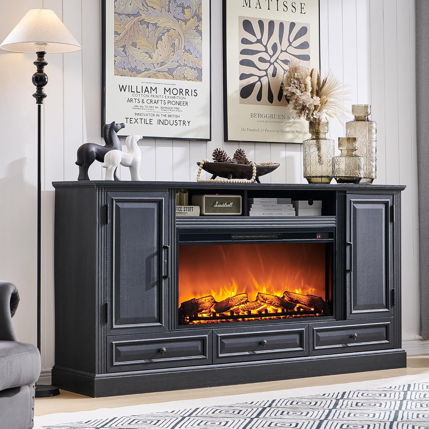 Fireplace TV Stand for 80 Inch TV, 35.7" Tall Farmhouse Entertainment Center W/36'' Electric