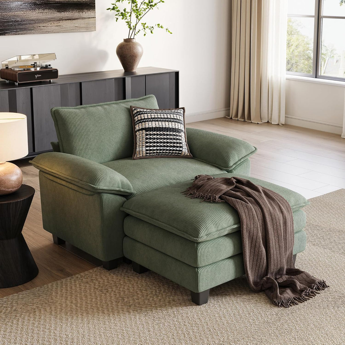 LINSY HOME Sofa Chair with Movable Ottoman - Corduroy Cloud Couch Chair Soft Comfy Modern Sofa