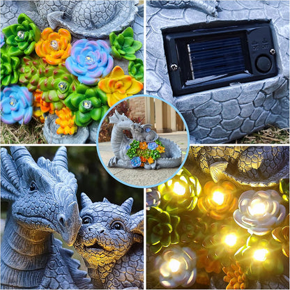 Solar Dragon Statue with LED Lights, Dargon Lover Gifts with Succulent and 6 LED Lights for