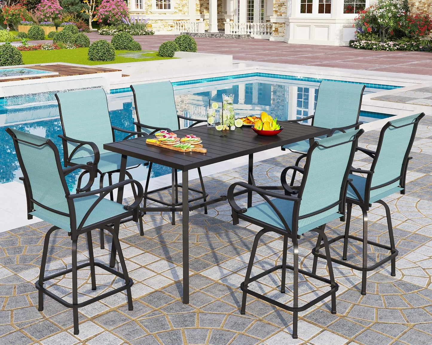 PHI VILLA 7 Piece Outdoor Bar Dining Set, High Top Patio Table and Chairs with 6 Swivel Teal Bar