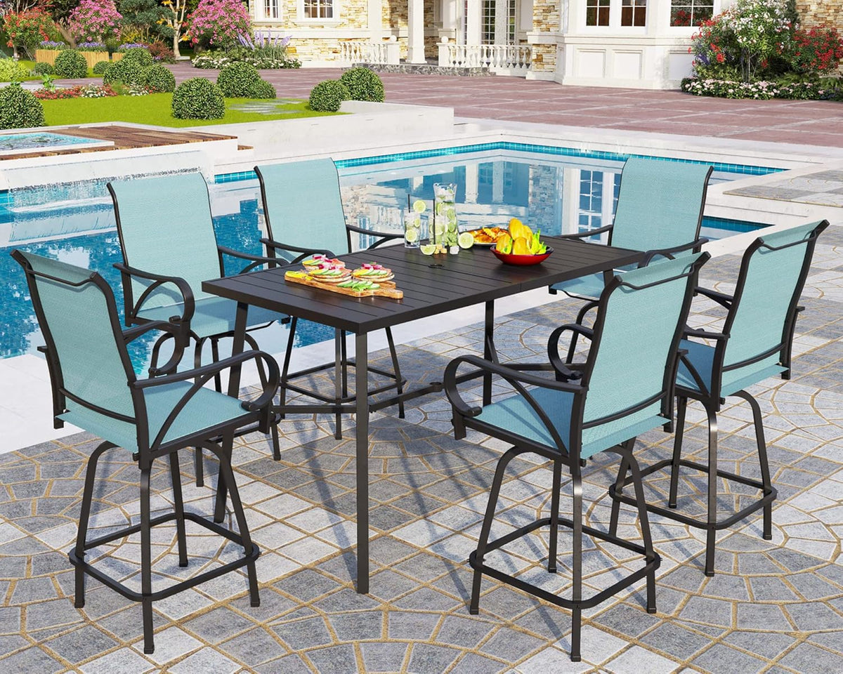 PHI VILLA 7 Piece Outdoor Bar Dining Set, High Top Patio Table and Chairs with 6 Swivel Teal Bar