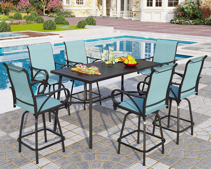 PHI VILLA 7 Piece Outdoor Bar Dining Set, High Top Patio Table and Chairs with 6 Swivel Teal Bar