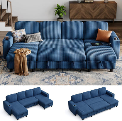 LINSY HOME Sectional Sleeper Sofa with Pull Out Couch Bed - Convertible Plush Corduroy Cloud Couch