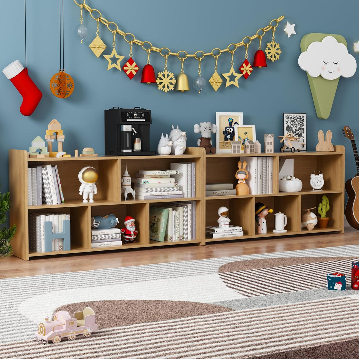 Book Shelf, 5 Cubes Storage Organizer, Open Shelf Wooden Bookcase, Freestanding Log Bookshelf Cube