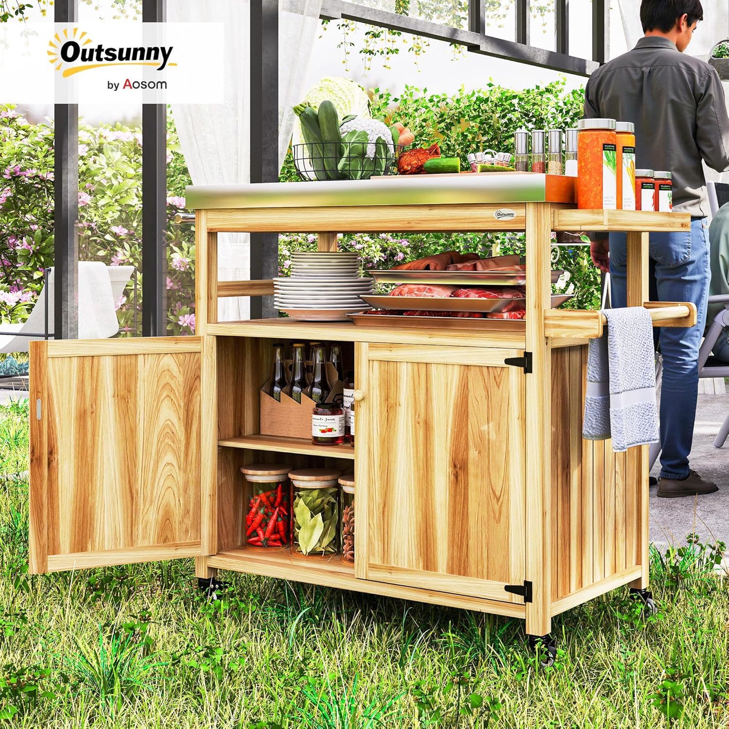 Outsunny Outdoor Grill Cart with Wheels and Storage, Solid Wood Outdoor Kitchen Island with