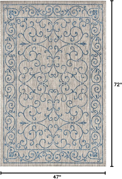 JONATHAN Y Vintage Filigree Indoor Outdoor Area Rug 4X6 Gray/Navy, Charleston Textured Weave for