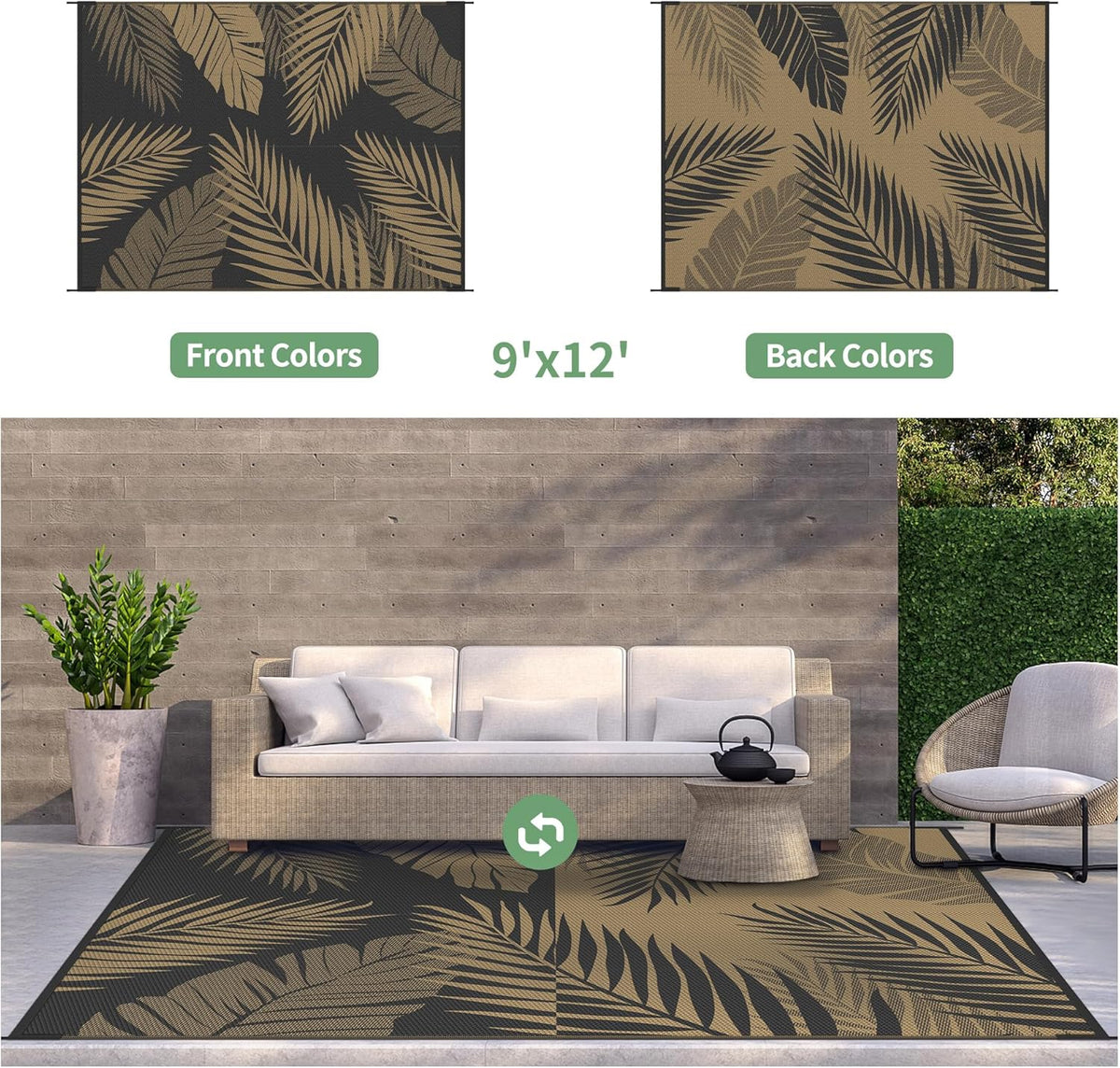 GENIMO Outdoor Rug 9' x 12' Waterproof for Patios Clearance, Reversible Outdoor Plastic Straw