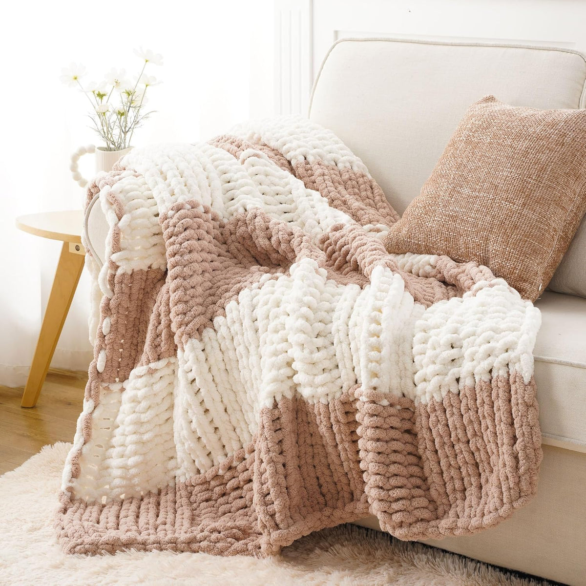Battilo Chunky Knit Throw Blanket, Soft and Thick Chenille Throw Blanket, 50"x60" Handmade Cable