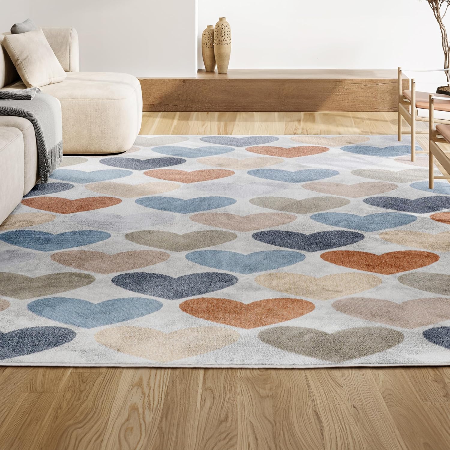 JONATHAN Y Machine-Washable Ivory/Blue/Orange Indoor Area Rug, 8x10, Dila Modern Hearts Geometric
