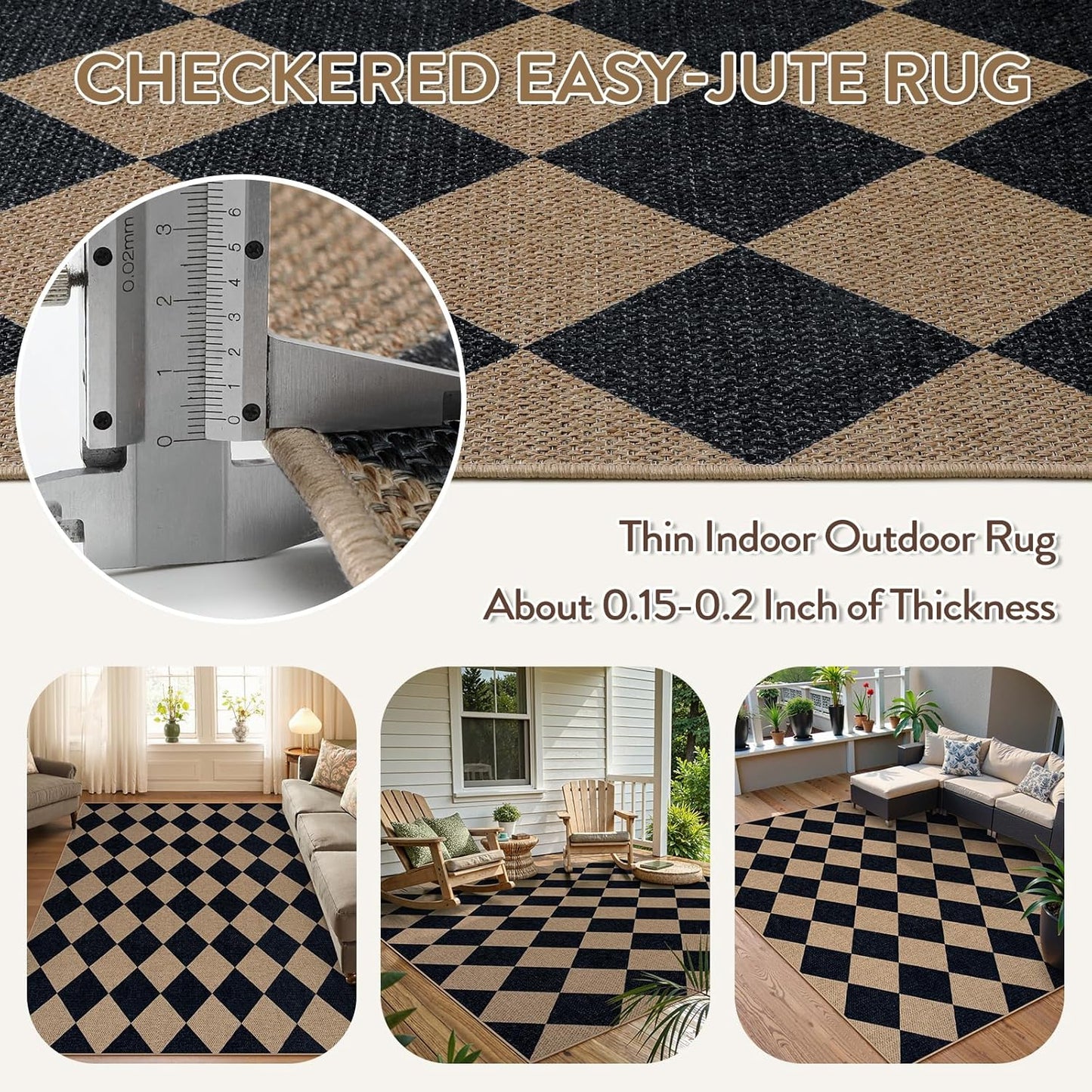 Lahome Checkered Easy Jute Outdoor Rug, 5x7 Area Rugs for Living Room Nature Large Dining Room