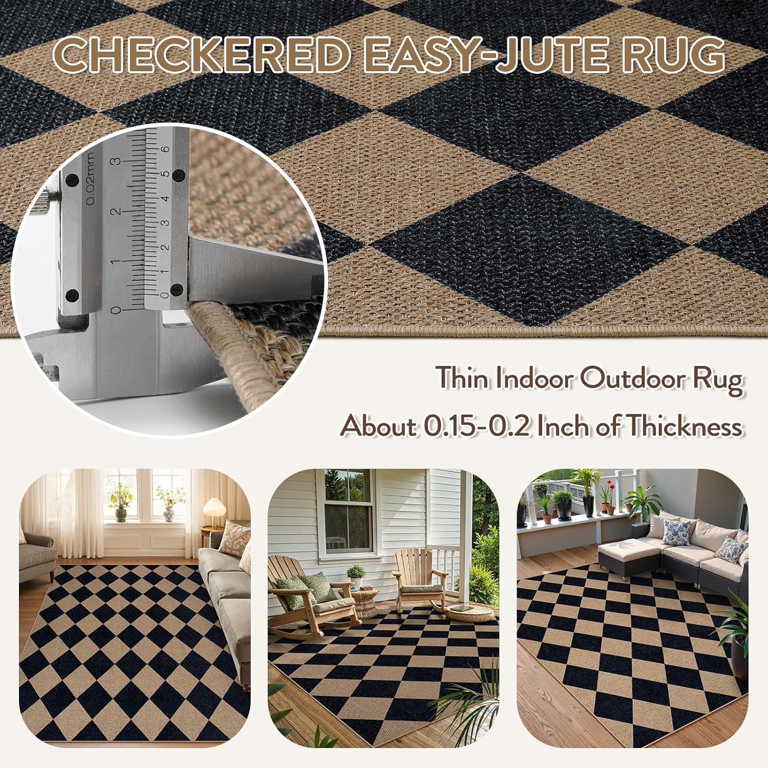 Lahome Checkered Easy Jute Outdoor Rug, 5x7 Area Rugs for Living Room Nature Large Dining Room