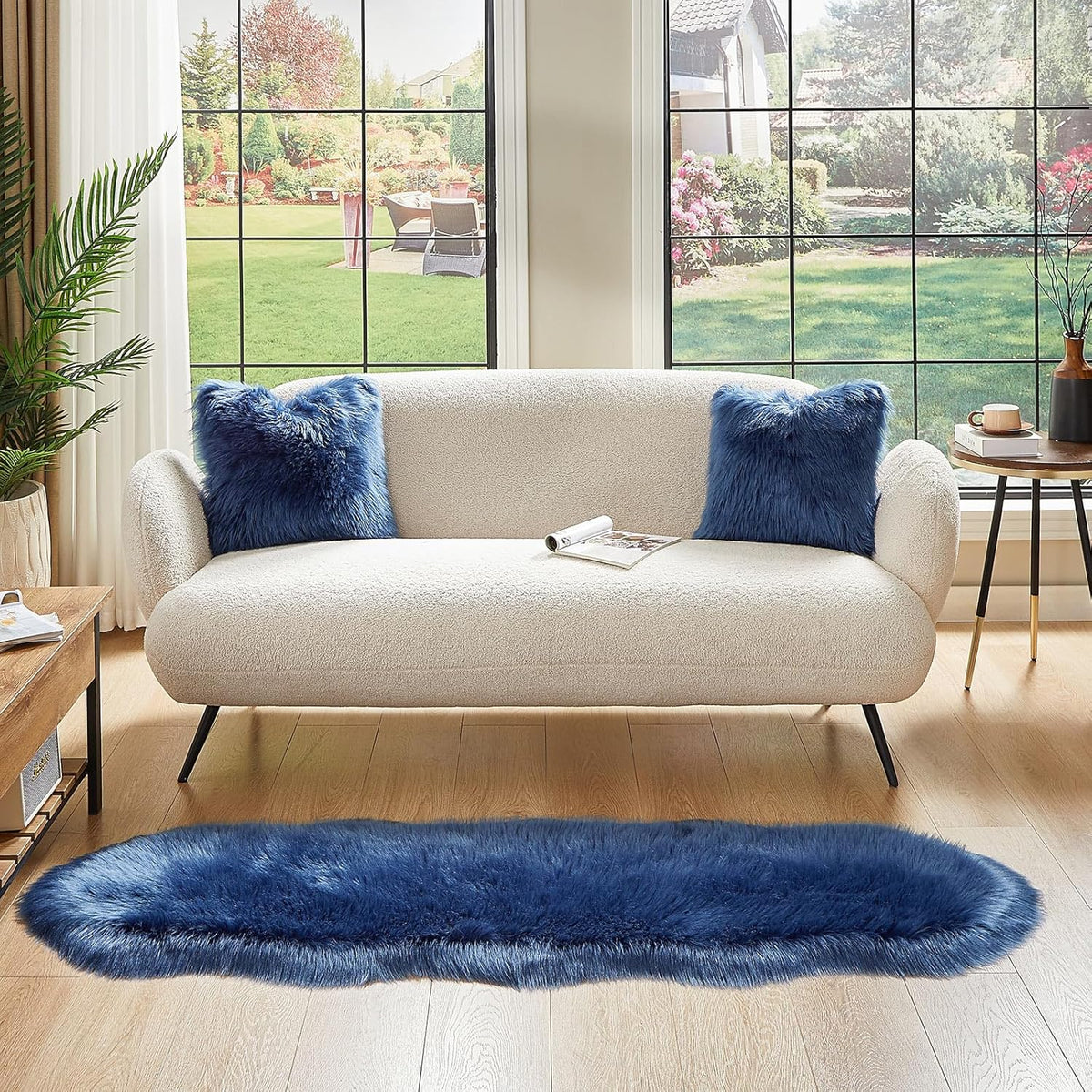 AMTOVO Faux Sheepskin Rug, Dark Blue Ultra Soft Fluffy Shag Area Rug, 2 x 6 ft Faux Fur Rug for