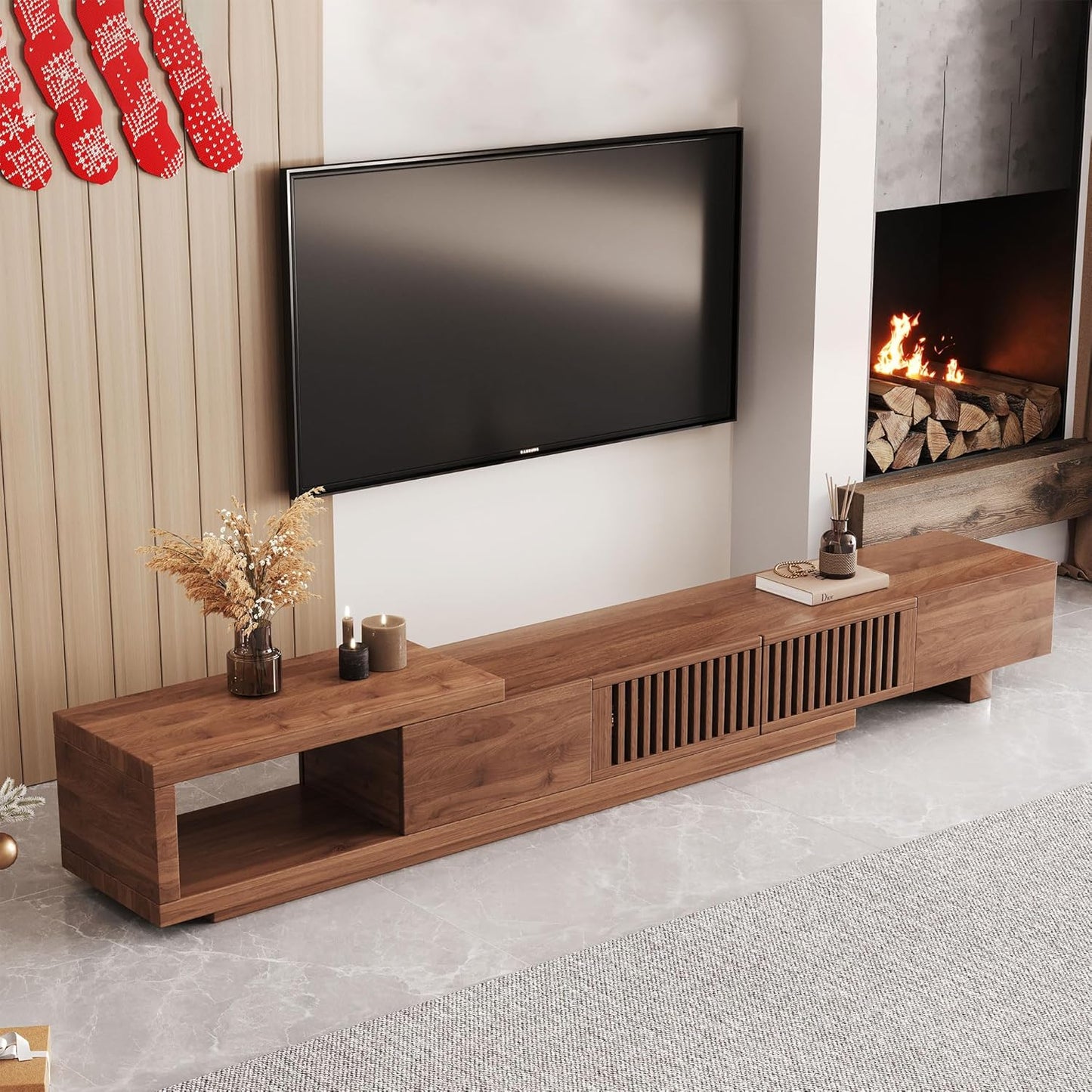 Mid Century Modern TV Stand for 75+ Inch TVs, Extendable Media Console (78"-103") with Ample